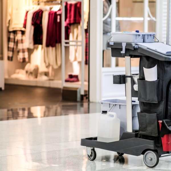 Universal set for wet cleaning of shopping center premises. Modern cleaning company, cleaning kit on a trolley with wheels, excellent design for any purpose. Concept of a commercial cleaning company